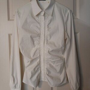 Elie Tahari Women's Cotton Ruched Long Sleeve Button Down Blouse White